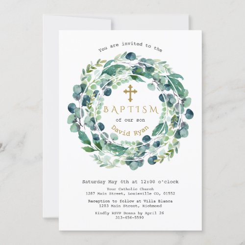 Lush Greenery Eucalyptus Foliage Cross Baptism Invitation