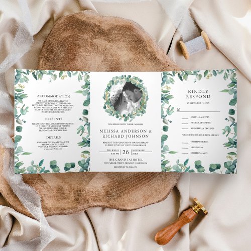 Lush Greenery Eucalyptus Leaves All in One Wedding Tri_Fold Invitation