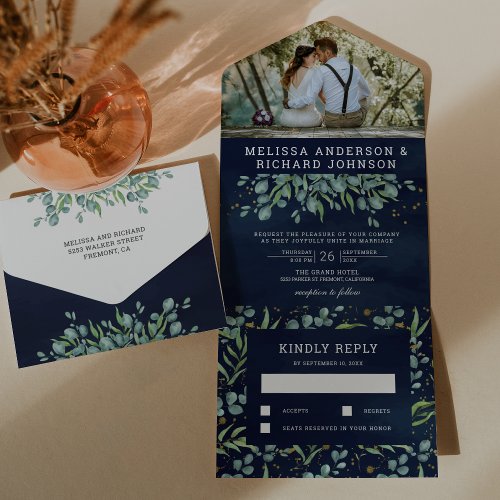 Lush Greenery Eucalyptus Leaves Navy Blue Wedding All In One Invitation