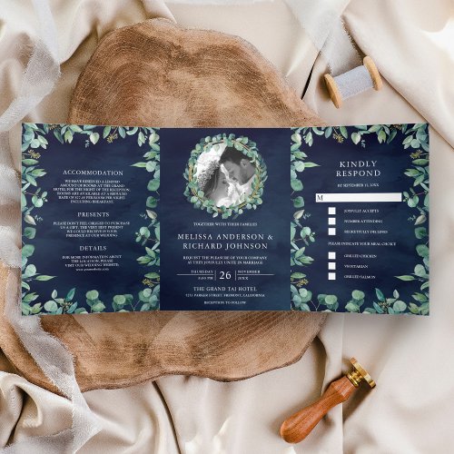Lush Greenery Eucalyptus Leaves Navy Blue Wedding Tri_Fold Invitation
