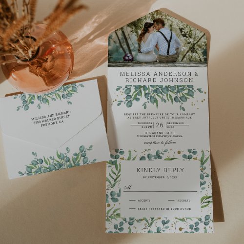 Lush Greenery Eucalyptus Leaves Photo Wedding All In One Invitation