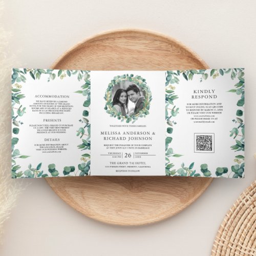 Lush Greenery Eucalyptus Leaves QR Code Wedding Tri-Fold Invitation