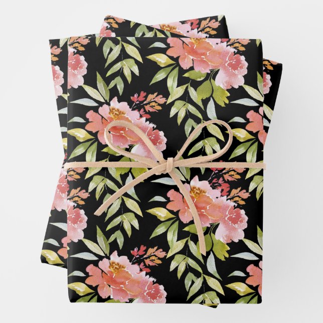 Lush Greenery Floral on Black Wrapping Paper Sheets (In situ)