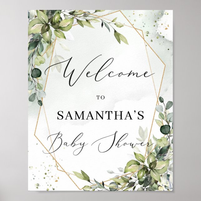Lush greenery foliage gold frame baby welcome sign (Front)