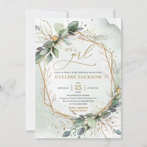 Lush greenery foliage gold geometric its a girl invitation