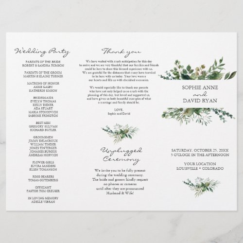 Lush Greenery Frame TriFold Wedding Program Flyer
