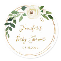 Lush Greenery Geometric Floral Baby Shower Classic Round Sticker