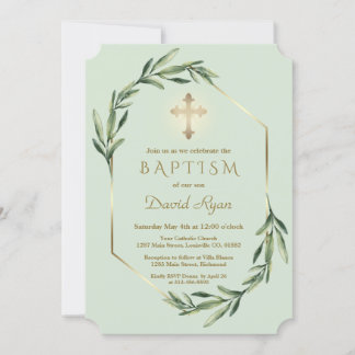 Lush Greenery Gold Cross Boy Baptism Invitation