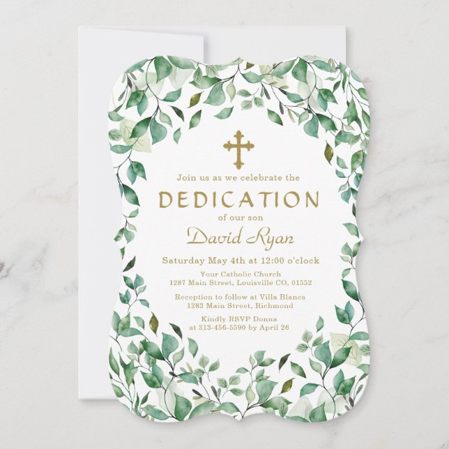 Lush Greenery Leaves Frame Gold Boy Dedication Invitation (Front)