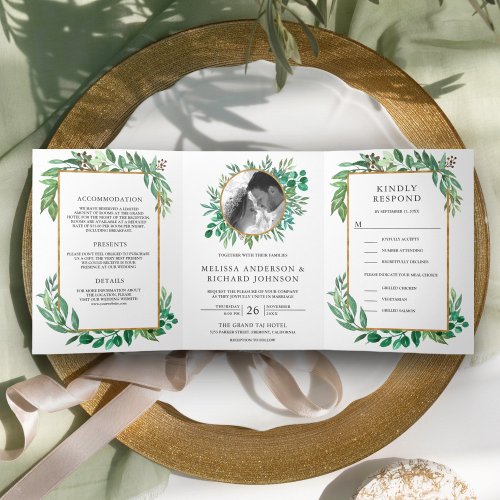 Lush Greenery Leaves Gold Frame All in One Wedding Tri_Fold Invitation