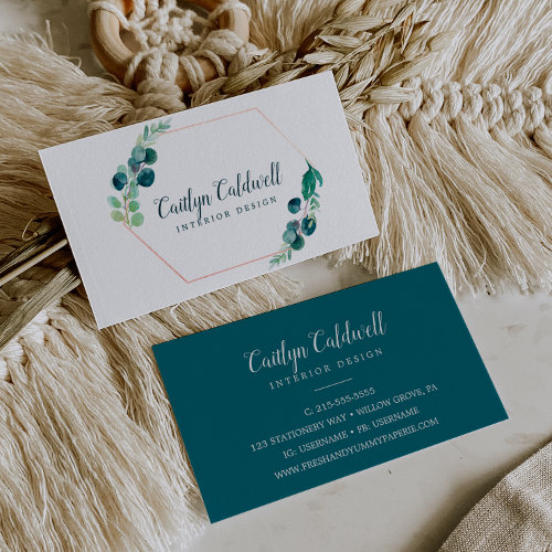 Lush Greenery Rose Gold Geometric Business Card