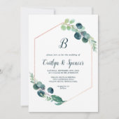 Lush Greenery Rose Gold Geometric Monogram Wedding Invitation (Front)