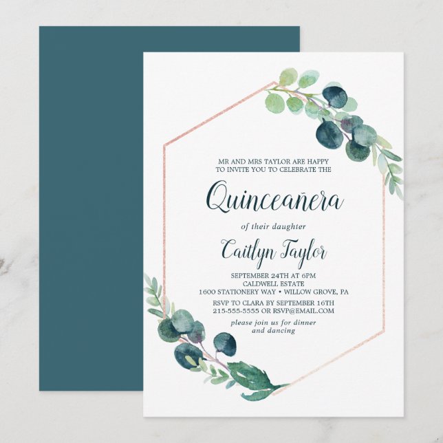 Lush Greenery Rose Gold Geometric Quinceañera Invitation (Front/Back)