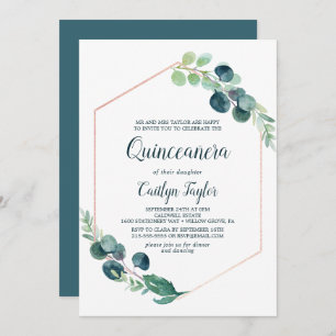Lush Greenery Rose Gold Geometric Quinceañera Invitation