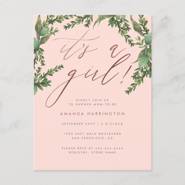 Lush Greenery Rose Gold It's A Girl Baby Shower Invitation Postcard (Front)