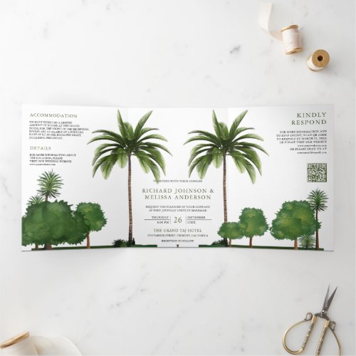 Lush Greenery Tropical Palm Tree QR Code Wedding Tri-Fold Invitation