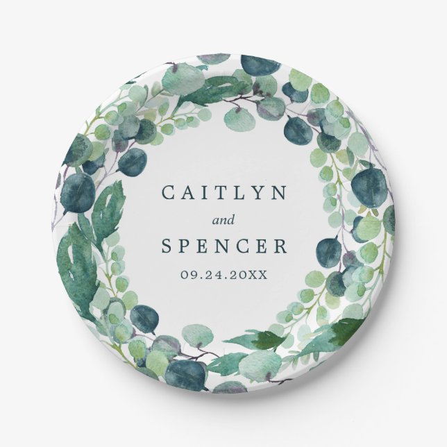 Lush Greenery Wreath Wedding Reception Paper Plates (Front)