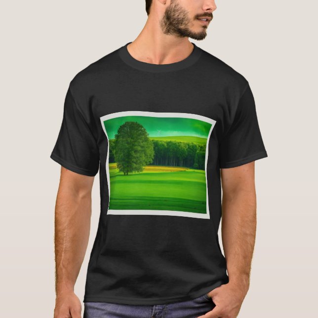 Lush Greenland with Majestic Green Tree" T-Shirt (Front)