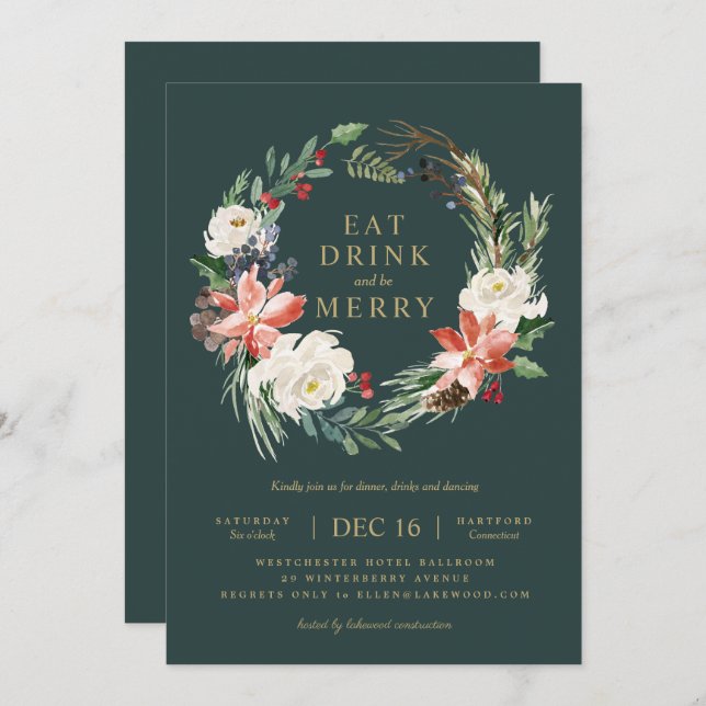 Lush Holiday Wreath Party Invitation (Front/Back)