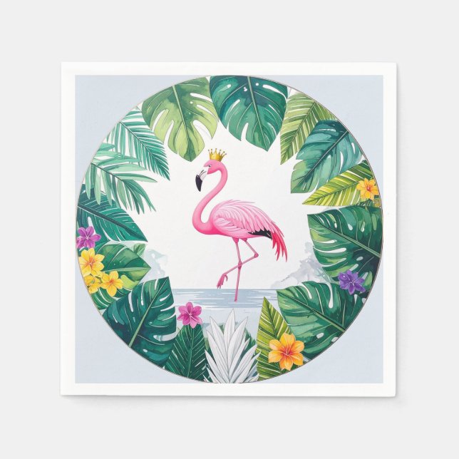 Lush Leafy | Elegant Pink Flamingo Crown Tropical Napkins (Front)