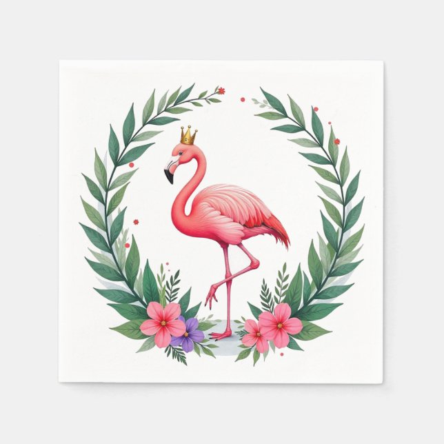 Lush Leafy | Elegant Pink Flamingo Crown Tropical Napkins (Front)