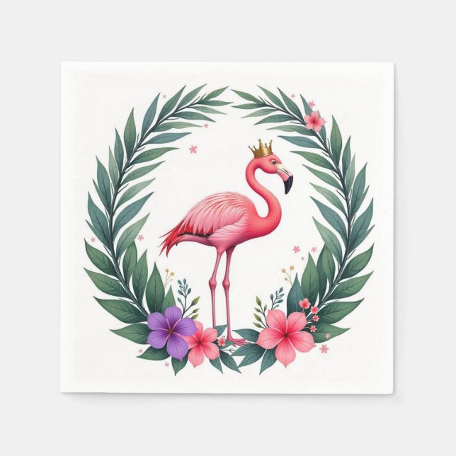 Lush Leafy | Elegant Pink Flamingo Crown Tropical Napkins (Front)