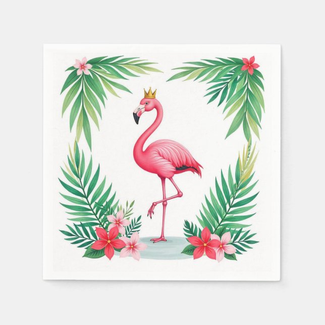 Lush Leafy | Elegant Pink Flamingo Crown Tropical Napkins (Front)