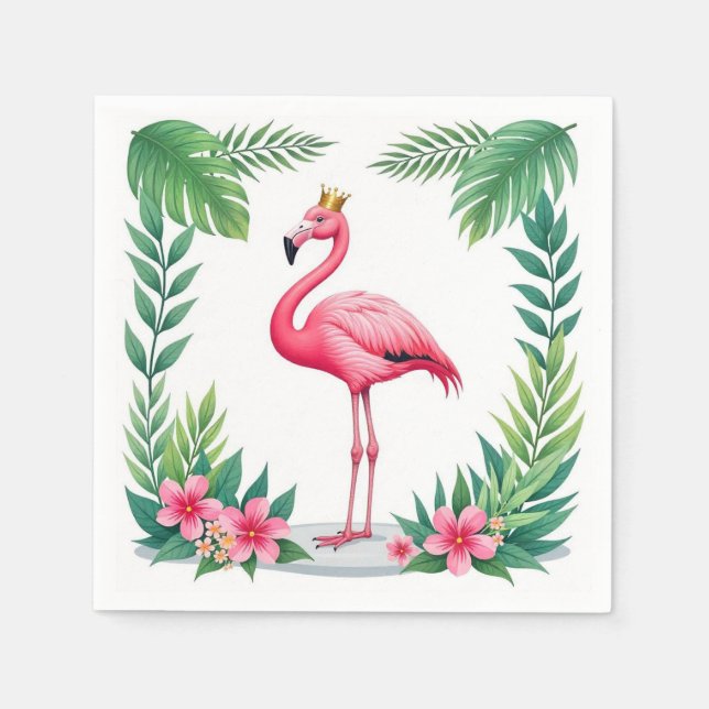 Lush Leafy | Elegant Pink Flamingo Crown Tropical Napkins (Front)
