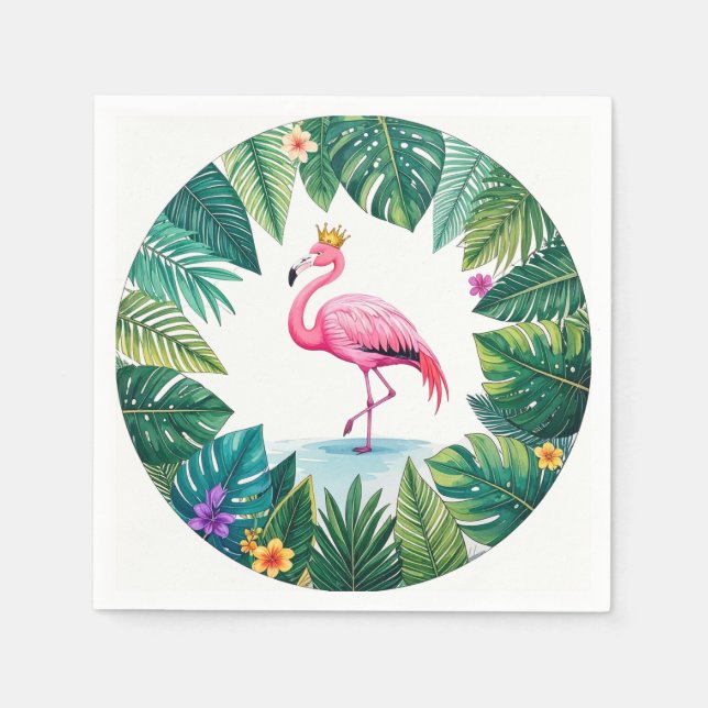 Lush Leafy | Elegant Pink Flamingo Crown Tropical Napkins (Front)