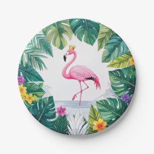 Lush Leafy Elegant Pink Flamingo Crown Tropical Paper Plates