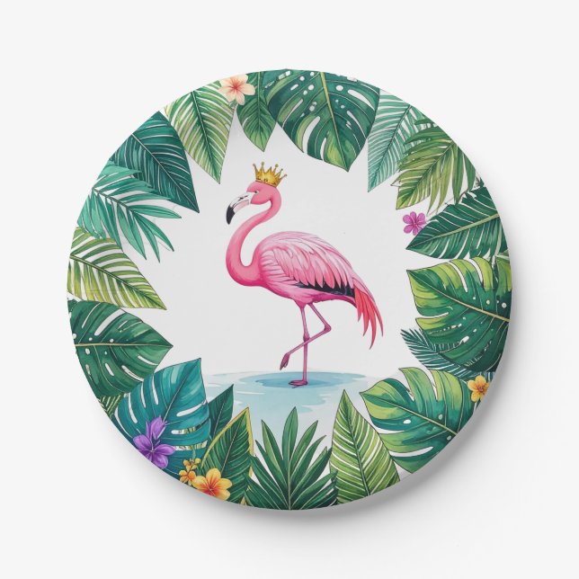 Lush Leafy | Elegant Pink Flamingo Crown Tropical Paper Plates (Front)