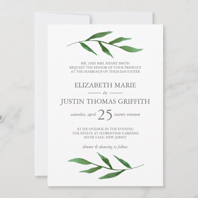 Lush Leaves Elegant Watercolor Wedding Invitation (Front)
