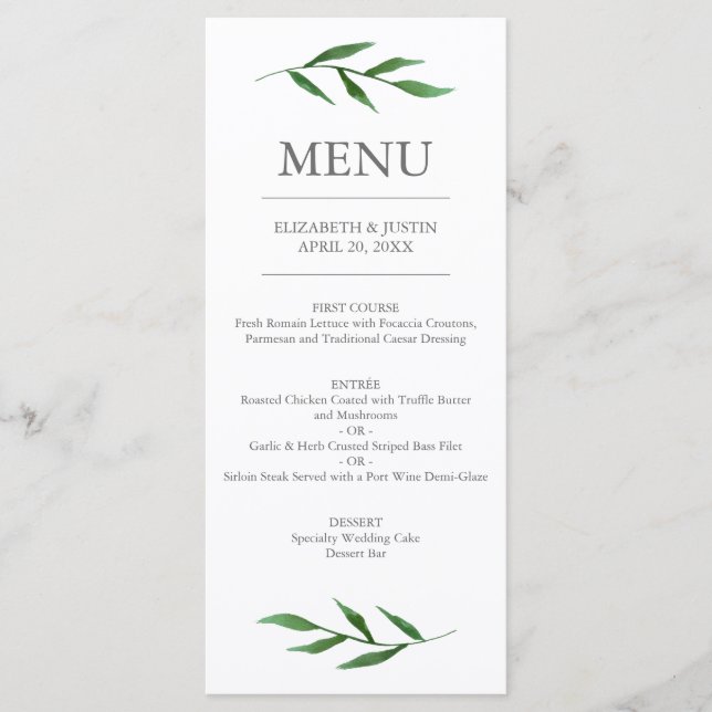 Lush Leaves Elegant Watercolor Wedding Menu (Front)