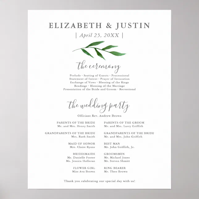 Lush Leaves Elegant Wedding Ceremony Program Sign | Zazzle