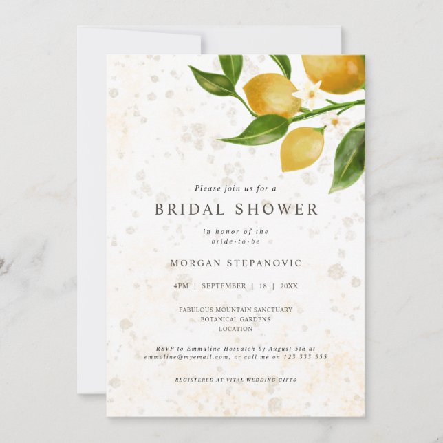 Lush lemons and lemon flowers bridal shower invitation (Front)