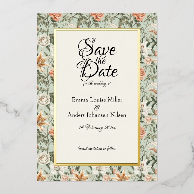 Lush Luxe, Tiger Lily & Mint, Save the Date Foil Invitation (Front)