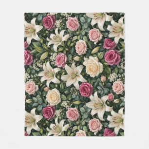 Lush Magnolia Floral Botanical Illustration Fleece Blanket
