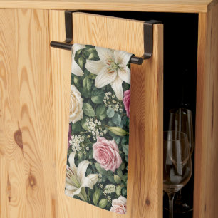 Lush Magnolia Floral Botanical Illustration Kitchen Towel