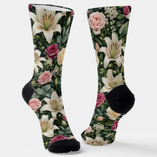 Lush Magnolia Floral Botanical Illustration Socks