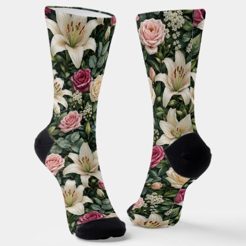 Lush Magnolia Floral Botanical Illustration Socks
