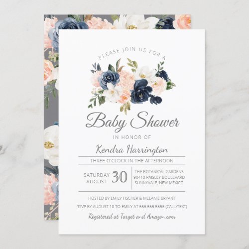 Lush Magnolia Floral Navy Blue Pink Baby Shower Invitation