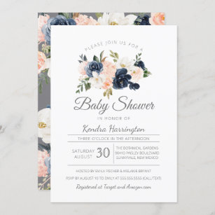 Lush Magnolia Floral Navy Blue Pink Baby Shower Invitation