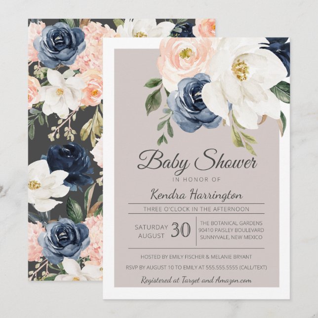 Lush Magnolia Rose Grey Navy & Blush Baby Shower Invitation (Front/Back)