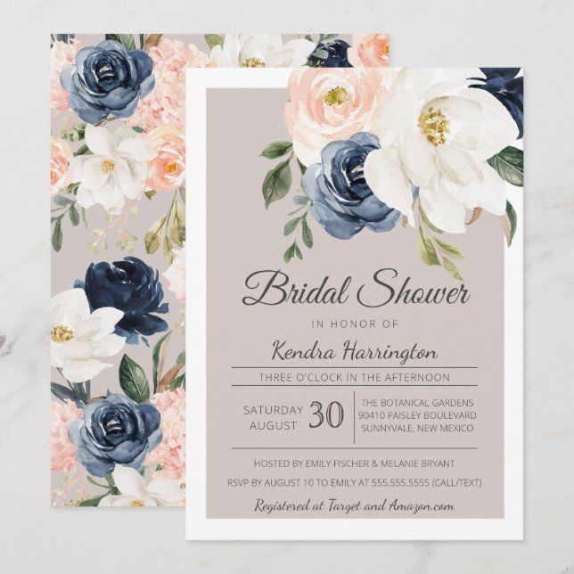 Lush Magnolia Rose Grey Navy & Blush Bridal Shower Invitation (Front/Back)