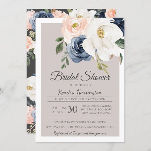 Lush Magnolia Rose Grey Navy  Blush Bridal Shower Invitation