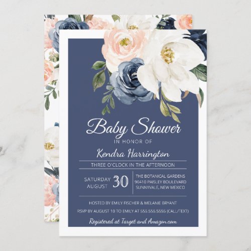 Lush Magnolia Rose Navy Blue  Blush Baby Shower Invitation