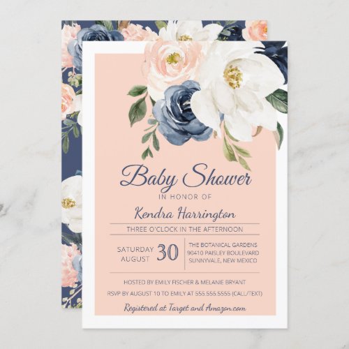 Lush Magnolia Rose Navy Blue Pink Baby Shower Invitation