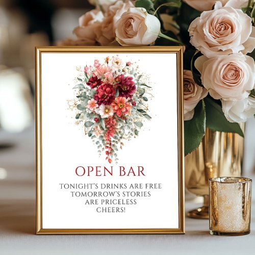 Lush Maroon Autumn Floral Open Bar Wedding Sign