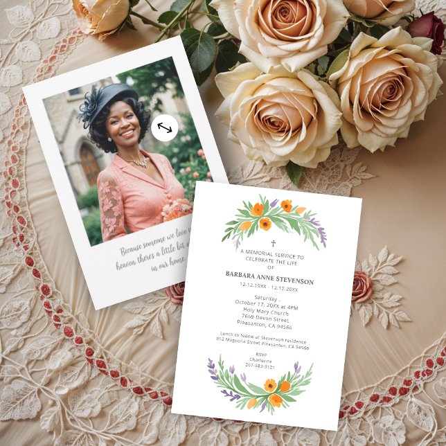 Lush Minimalist Floral Oval Effect Photo Funeral  Invitation (Lush Minimalist Floral Oval Effect Photo Funeral Invitations Cards. )