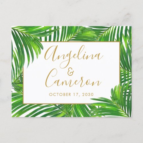 Lush Modern Tropical Palm Leaves Save the Date Postcard